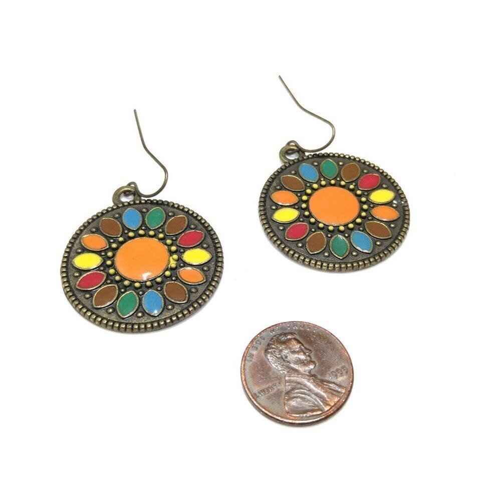 Vintage Enamel Drop Flower Earrings, Red Yellow Blue Orange Brown,1970s - Picture 8 of 10